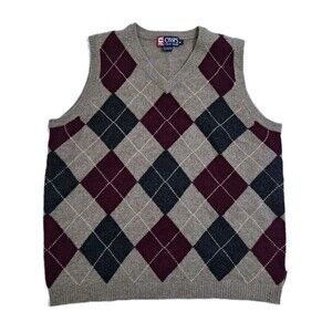 Chaps Ralph Lauren Lambswool Vest Sweater Mens Medium Argyle Brown Maroon Red